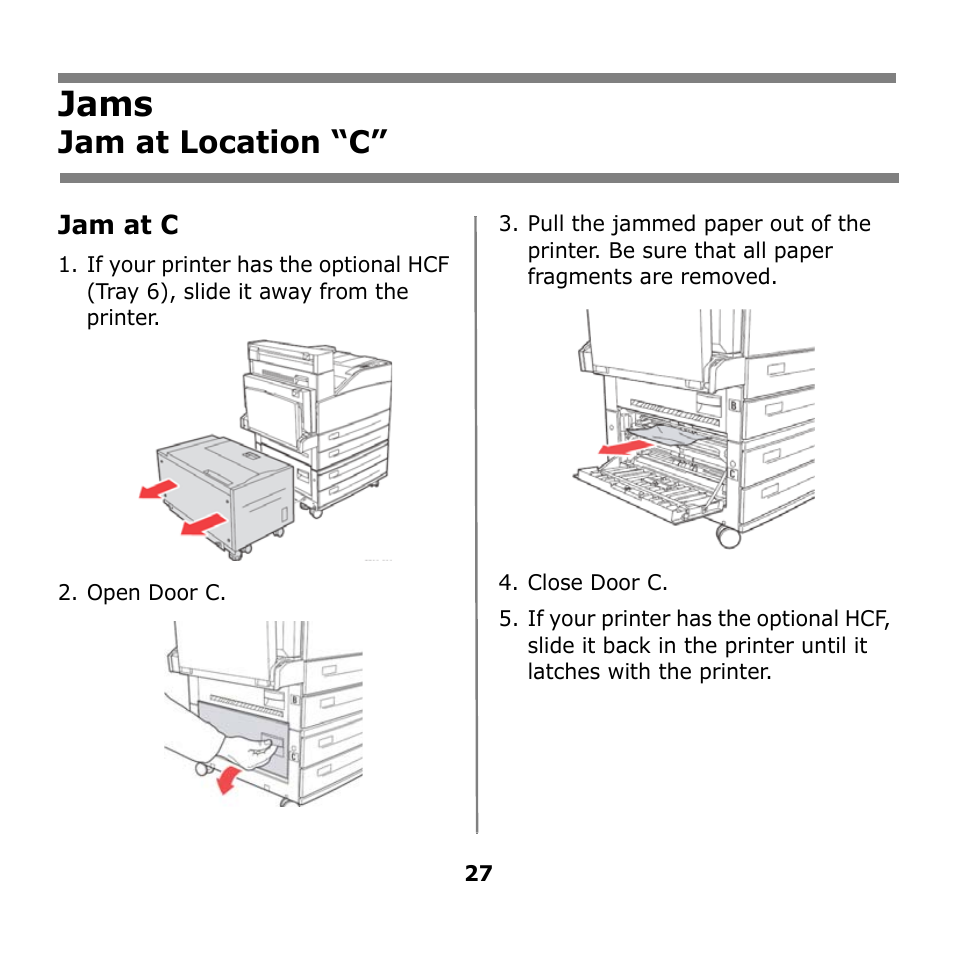 Jams, Jam at location “c | Oki B930n User Manual | Page 27 / 155