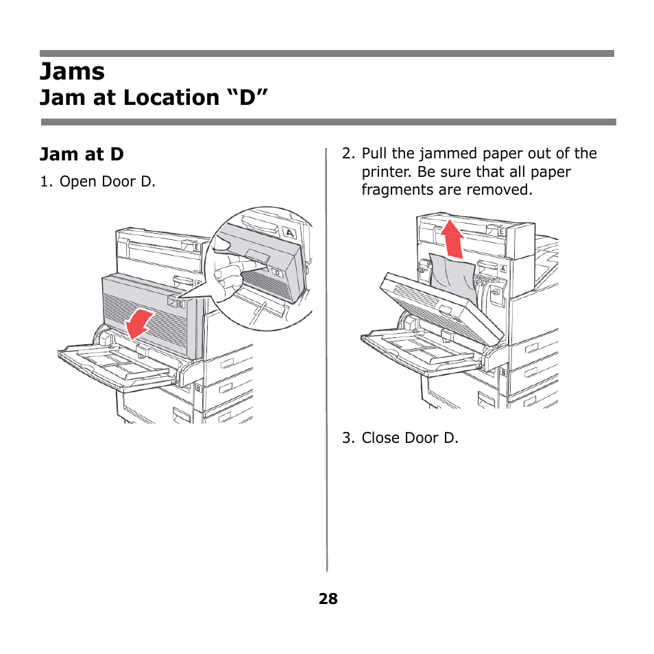 Jams, Jam at location “d | Oki B930n User Manual | Page 28 / 155