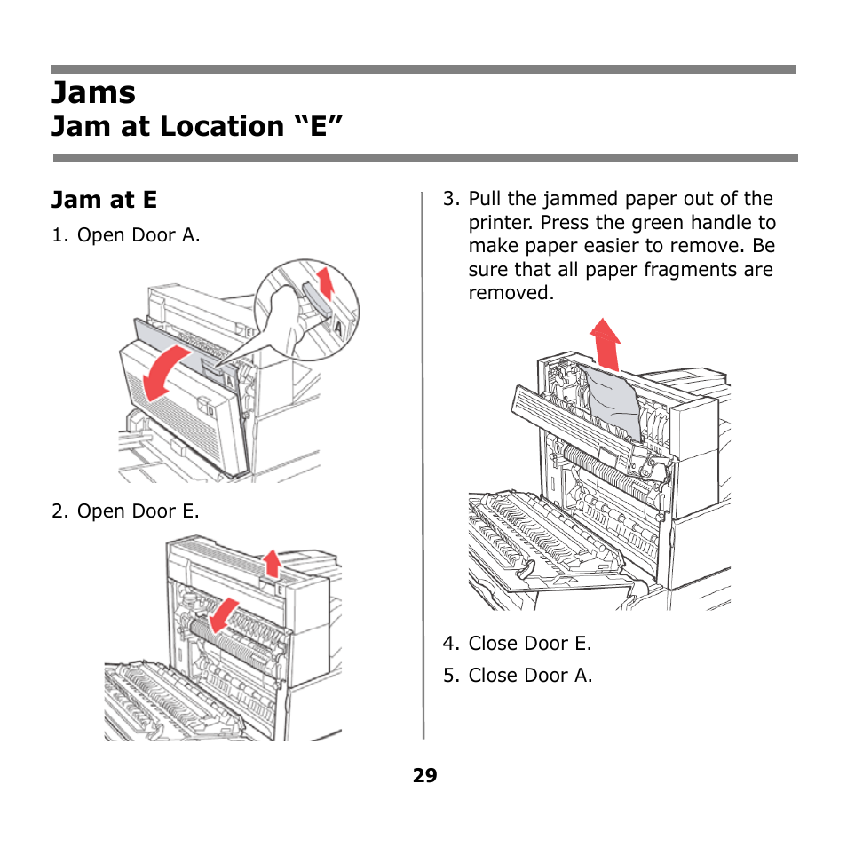 Jams, Jam at location “e | Oki B930n User Manual | Page 29 / 155