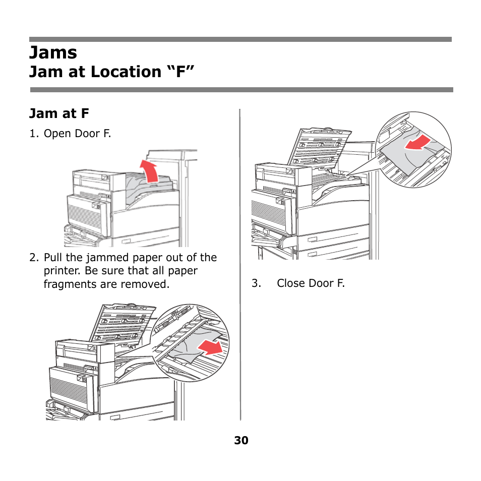 Jams, Jam at location “f | Oki B930n User Manual | Page 30 / 155