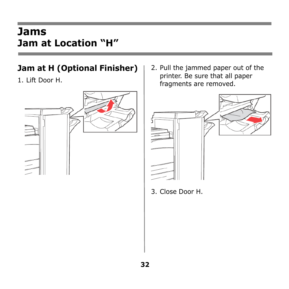 Jams, Jam at location “h | Oki B930n User Manual | Page 32 / 155