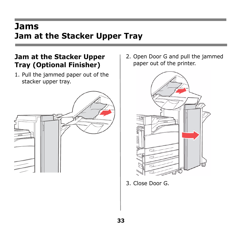 Jams, Jam at the stacker upper tray | Oki B930n User Manual | Page 33 / 155