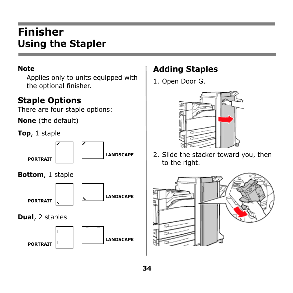 Finisher, Using the stapler, Staple options | Adding staples | Oki B930n User Manual | Page 34 / 155