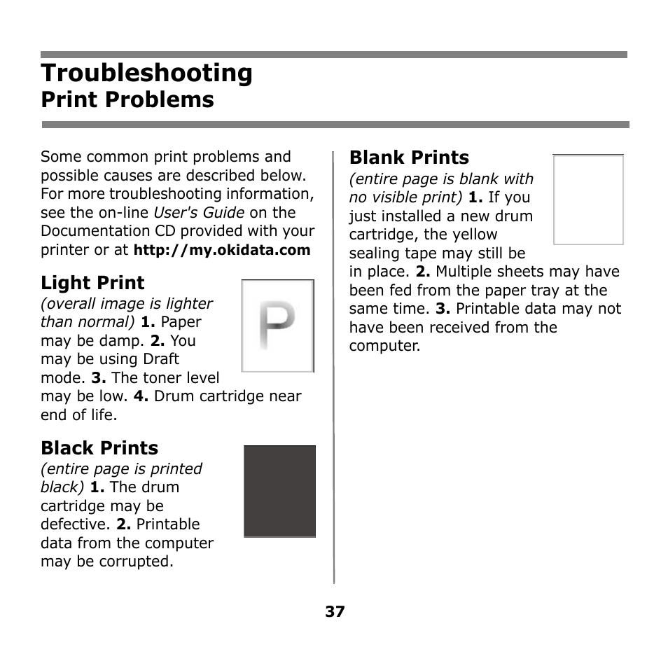 Troubleshooting, Print problems | Oki B930n User Manual | Page 37 / 155