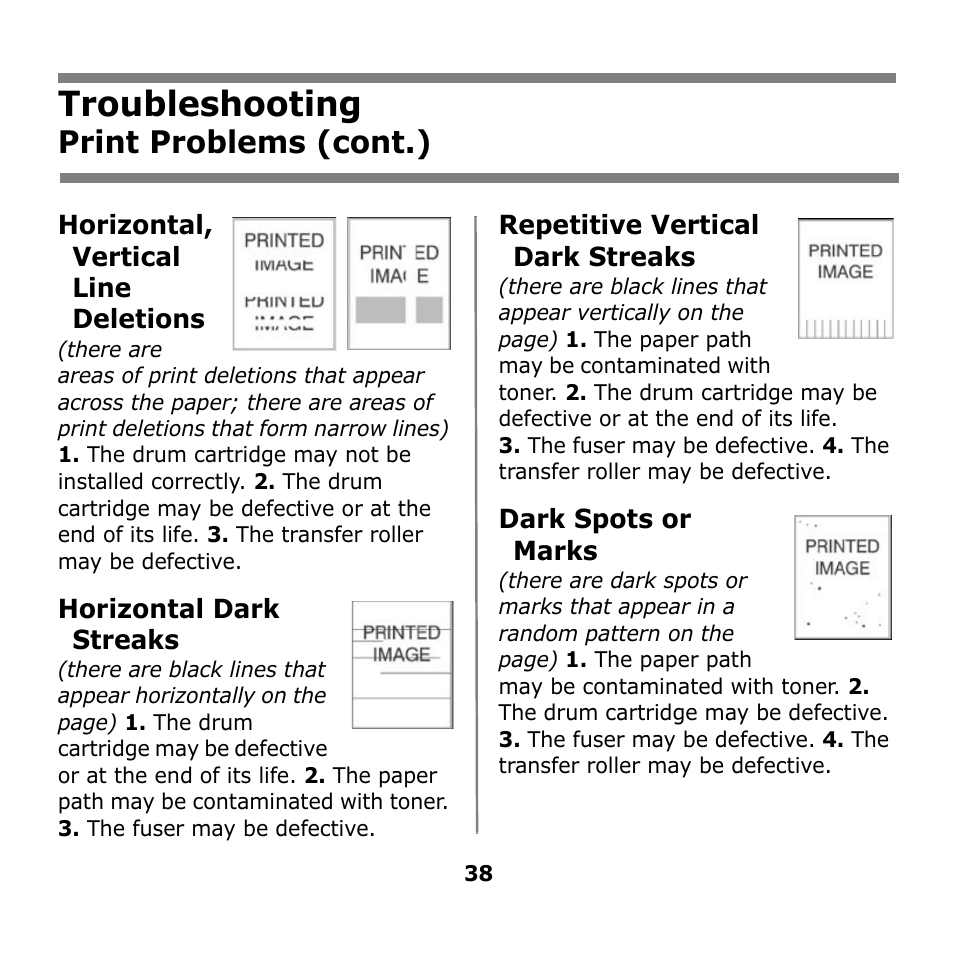 Troubleshooting, Print problems (cont.) | Oki B930n User Manual | Page 38 / 155
