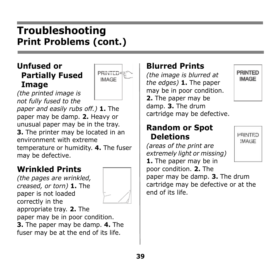 Troubleshooting, Print problems (cont.) | Oki B930n User Manual | Page 39 / 155