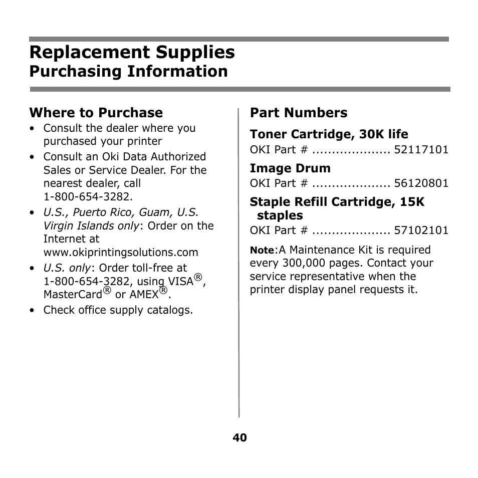 Replacement supplies, Purchasing information, Where to purchase | Part numbers | Oki B930n User Manual | Page 40 / 155