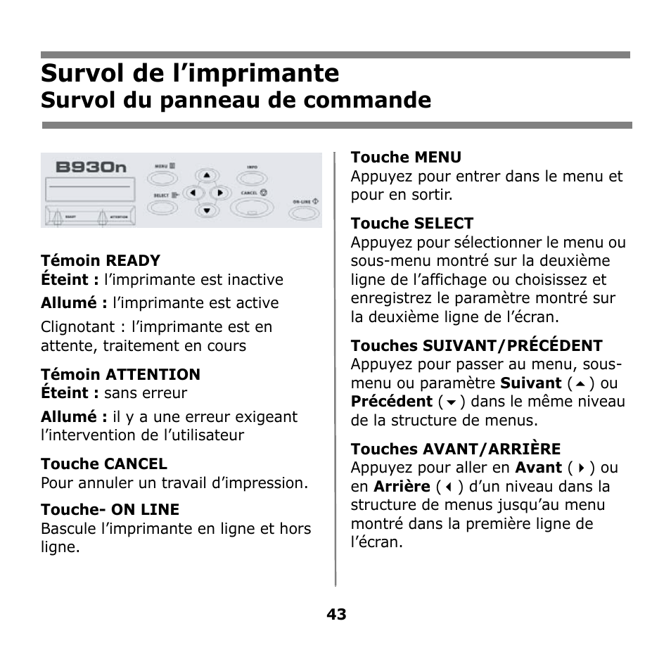 Survol de l’imprimante, Survol du panneau de commande | Oki B930n User Manual | Page 43 / 155
