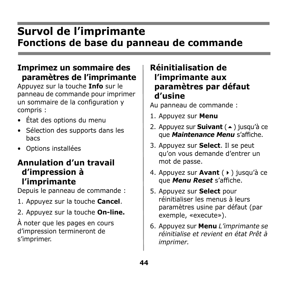 Survol de l’imprimante, Fonctions de base du panneau de commande | Oki B930n User Manual | Page 44 / 155