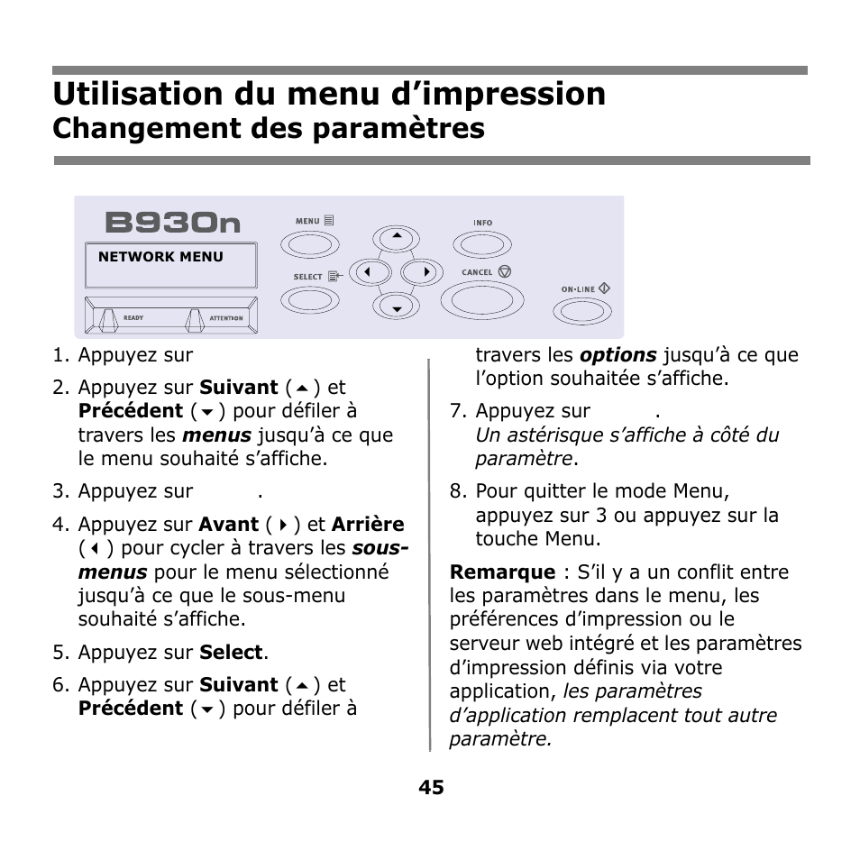 Utilisation du menu d’impression, Utilisation du menu, D’impression | Changement des paramètres | Oki B930n User Manual | Page 45 / 155