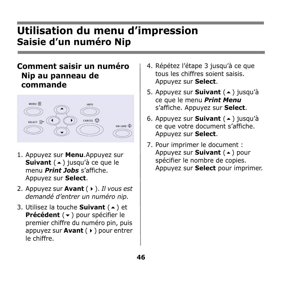 Utilisation du menu d’impression, Saisie d’un numéro nip | Oki B930n User Manual | Page 46 / 155