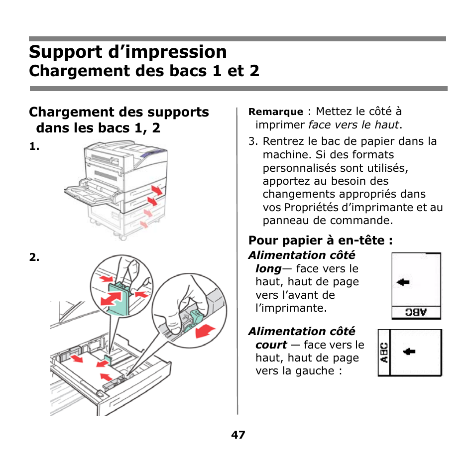 Support d’impression, Chargement des bacs 1 et 2 | Oki B930n User Manual | Page 47 / 155