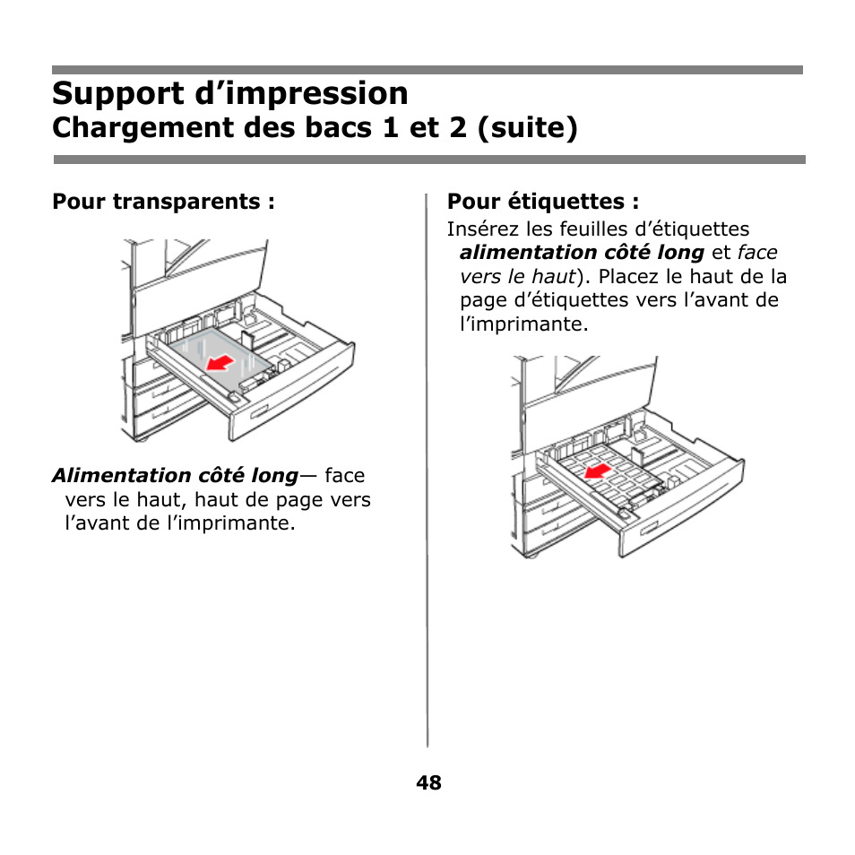 Support d’impression, Chargement des bacs 1 et 2 (suite) | Oki B930n User Manual | Page 48 / 155