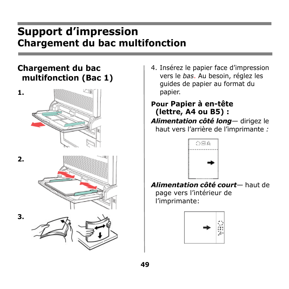 Chargement du bac multifonction, Chargement du bac, Multifonction | Support d’impression | Oki B930n User Manual | Page 49 / 155