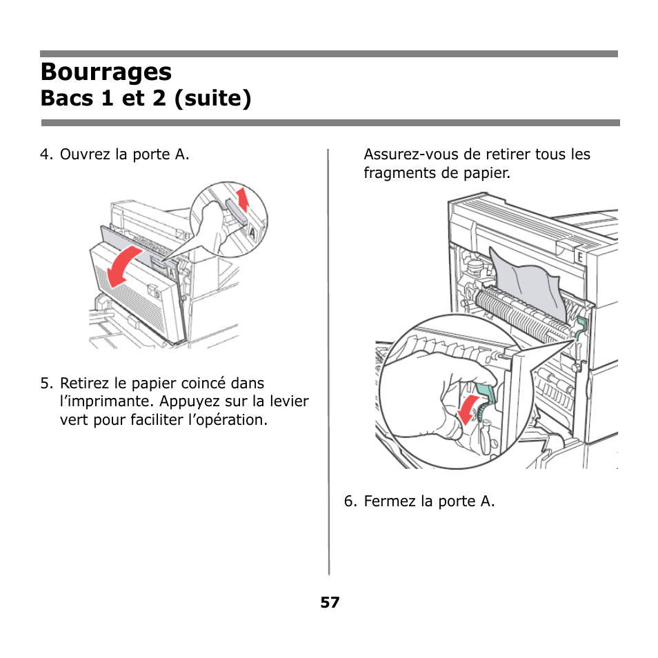 Bourrages, Bacs 1 et 2 (suite) | Oki B930n User Manual | Page 57 / 155