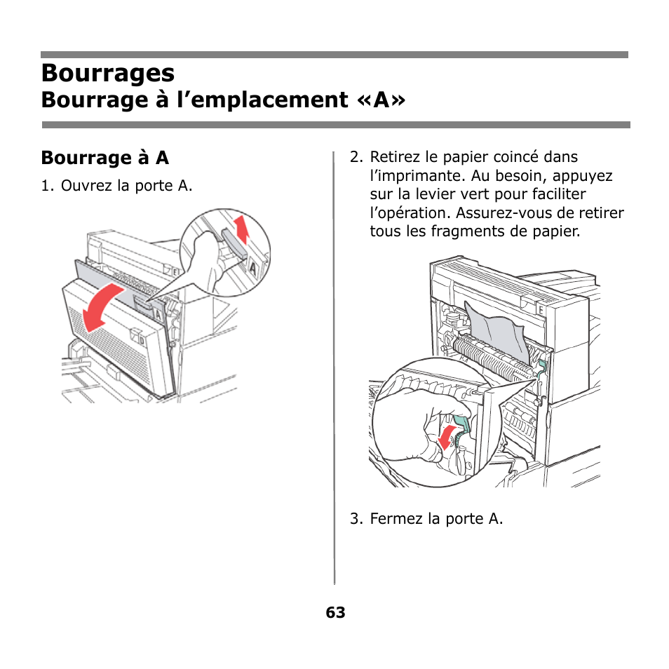 Bourrages, Bourrage à l’emplacement «a | Oki B930n User Manual | Page 63 / 155