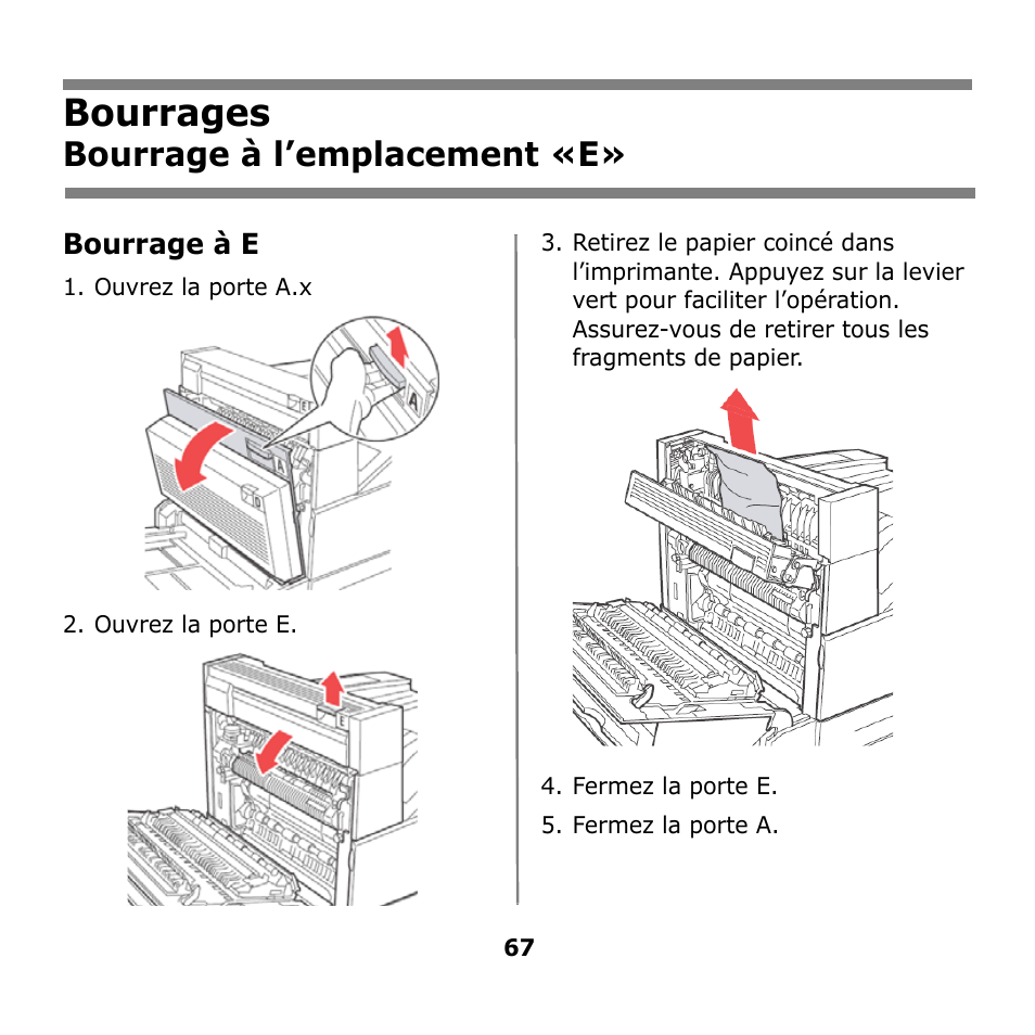 Bourrages, Bourrage à l’emplacement «e | Oki B930n User Manual | Page 67 / 155