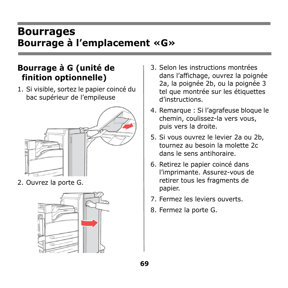 Bourrages, Bourrage à l’emplacement «g | Oki B930n User Manual | Page 69 / 155