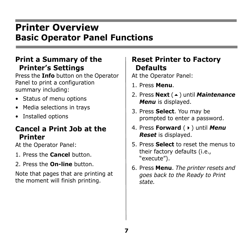 Printer overview, Basic operator panel functions | Oki B930n User Manual | Page 7 / 155