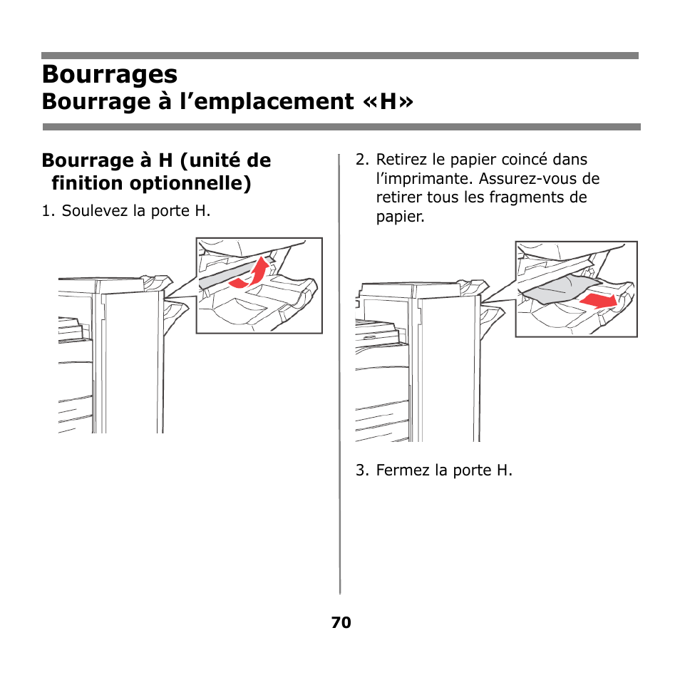 Bourrages, Bourrage à l’emplacement «h | Oki B930n User Manual | Page 70 / 155