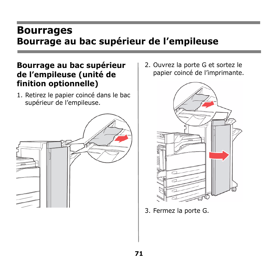 Bourrages, Bourrage au bac supérieur de l’empileuse | Oki B930n User Manual | Page 71 / 155