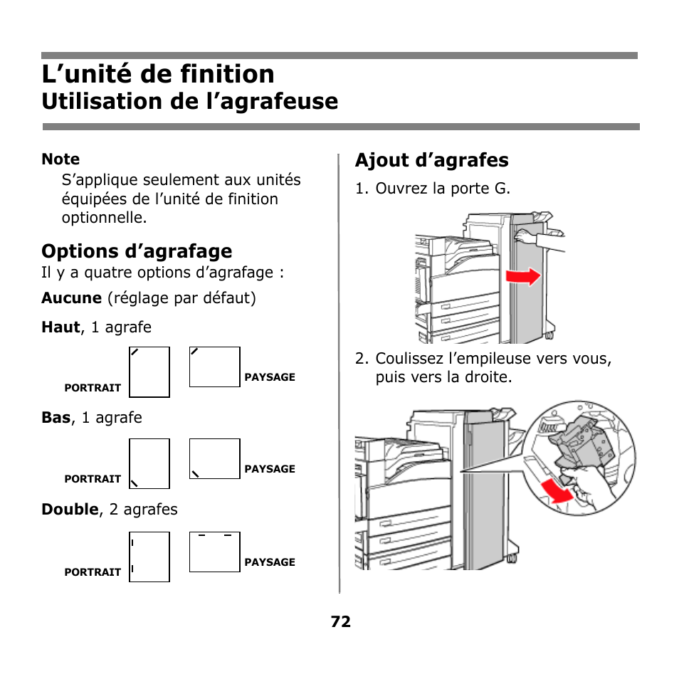 L’unité de finition, Utilisation de l’agrafeuse, Options d’agrafage | Ajout d’agrafes | Oki B930n User Manual | Page 72 / 155