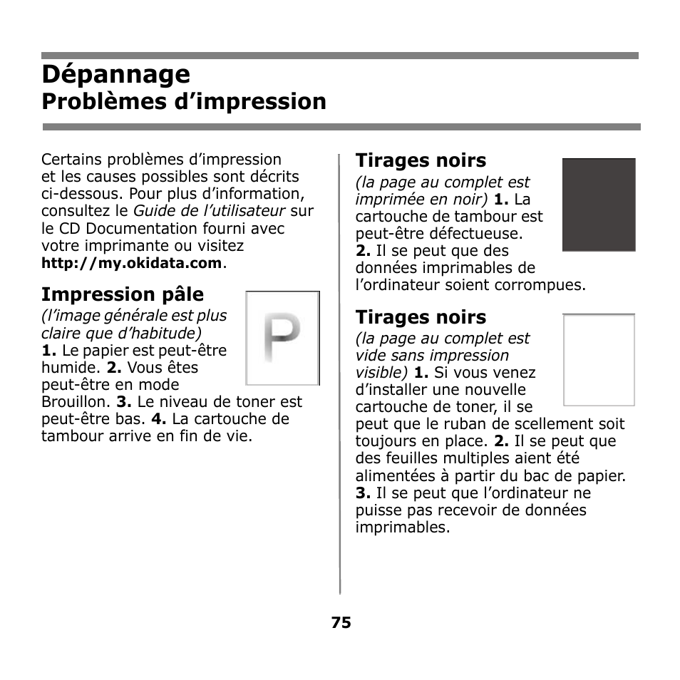 Dépannage, Problèmes d’impression, Impression pâle | Tirages noirs | Oki B930n User Manual | Page 75 / 155