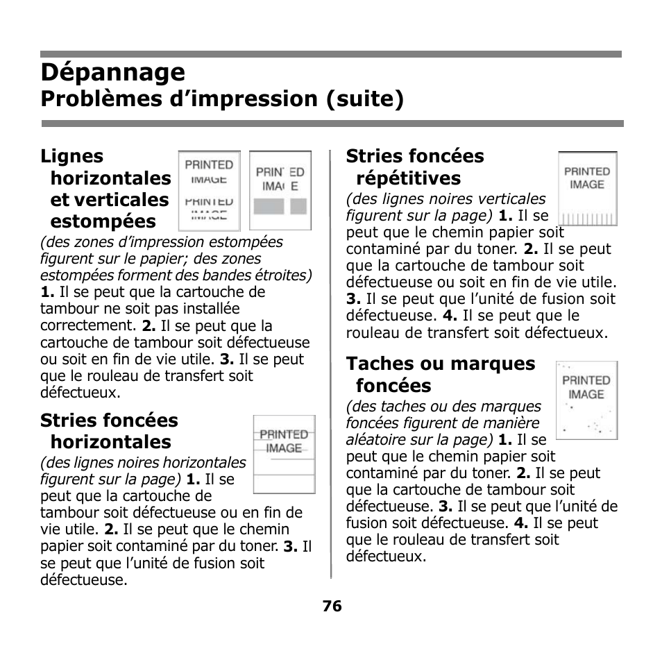 Dépannage, Problèmes d’impression (suite), Lignes horizontales et verticales estompées | Stries foncées horizontales, Stries foncées répétitives, Taches ou marques foncées | Oki B930n User Manual | Page 76 / 155