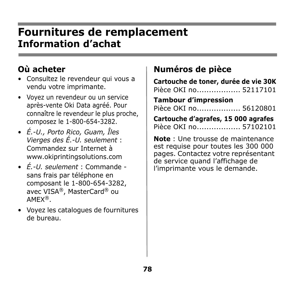 Fournitures de remplacement, Information d’achat, Où acheter | Numéros de pièce | Oki B930n User Manual | Page 78 / 155