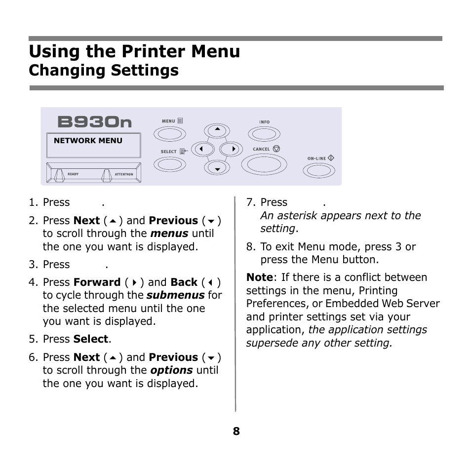 Using the printer menu, Changing settings | Oki B930n User Manual | Page 8 / 155