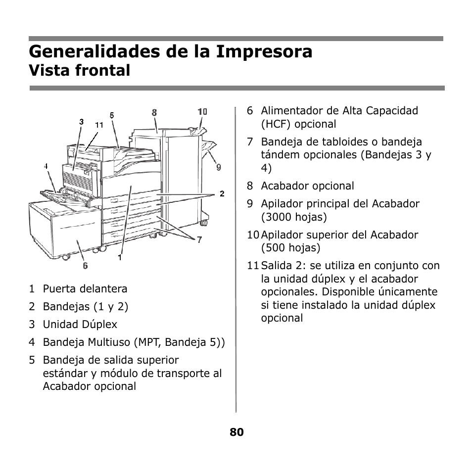 Generalidades de la impresora, Generalidades de la, Impresora | Vista frontal | Oki B930n User Manual | Page 80 / 155