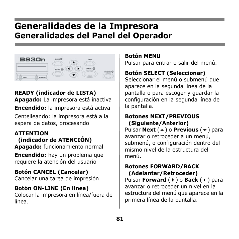 Generalidades de la impresora, Generalidades del panel del operador | Oki B930n User Manual | Page 81 / 155