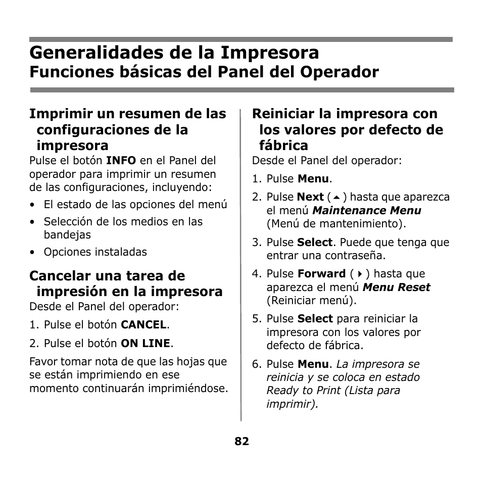 Generalidades de la impresora, Funciones básicas del panel del operador | Oki B930n User Manual | Page 82 / 155