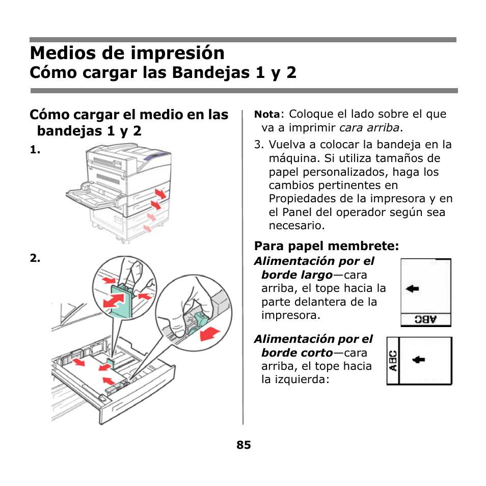 Medios de impresión, Cómo cargar las bandejas 1 y 2 | Oki B930n User Manual | Page 85 / 155