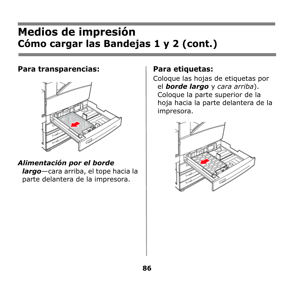 Medios de impresión, Cómo cargar las bandejas 1 y 2 (cont.) | Oki B930n User Manual | Page 86 / 155