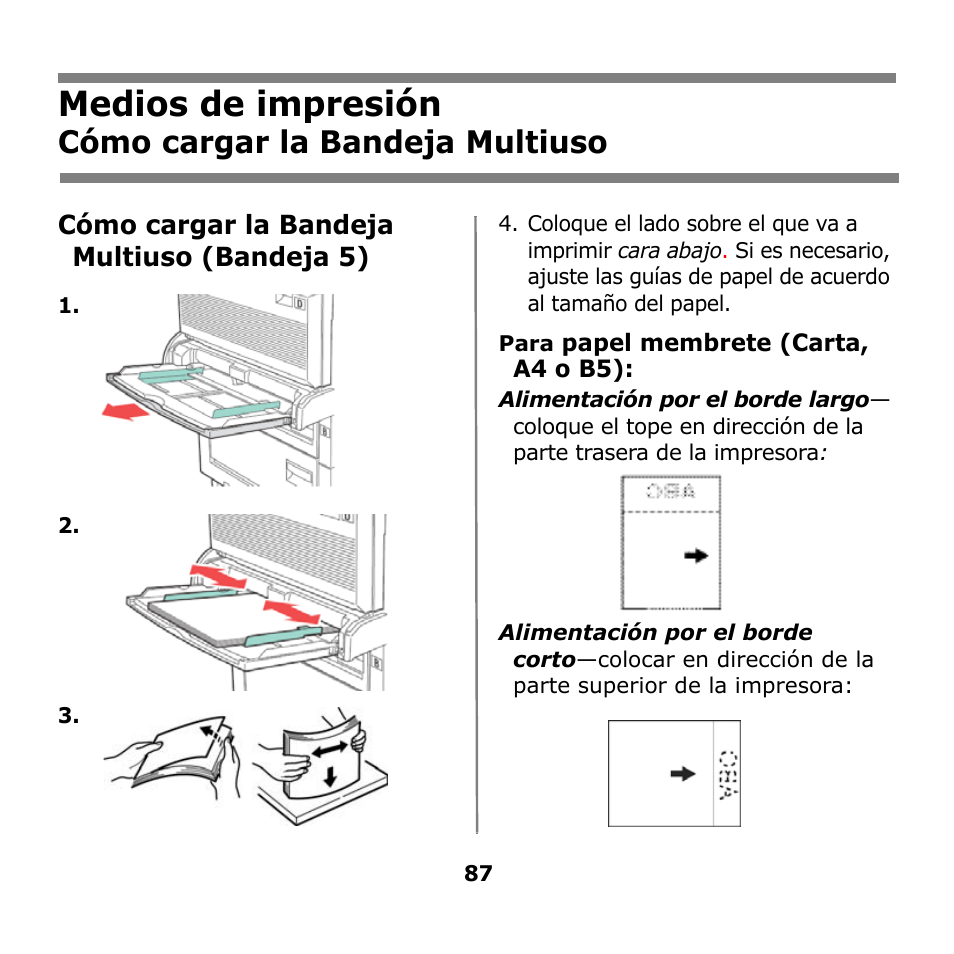 Cómo cargar la bandeja multiuso, Cómo cargar la bandeja, Multiuso | Medios de impresión | Oki B930n User Manual | Page 87 / 155