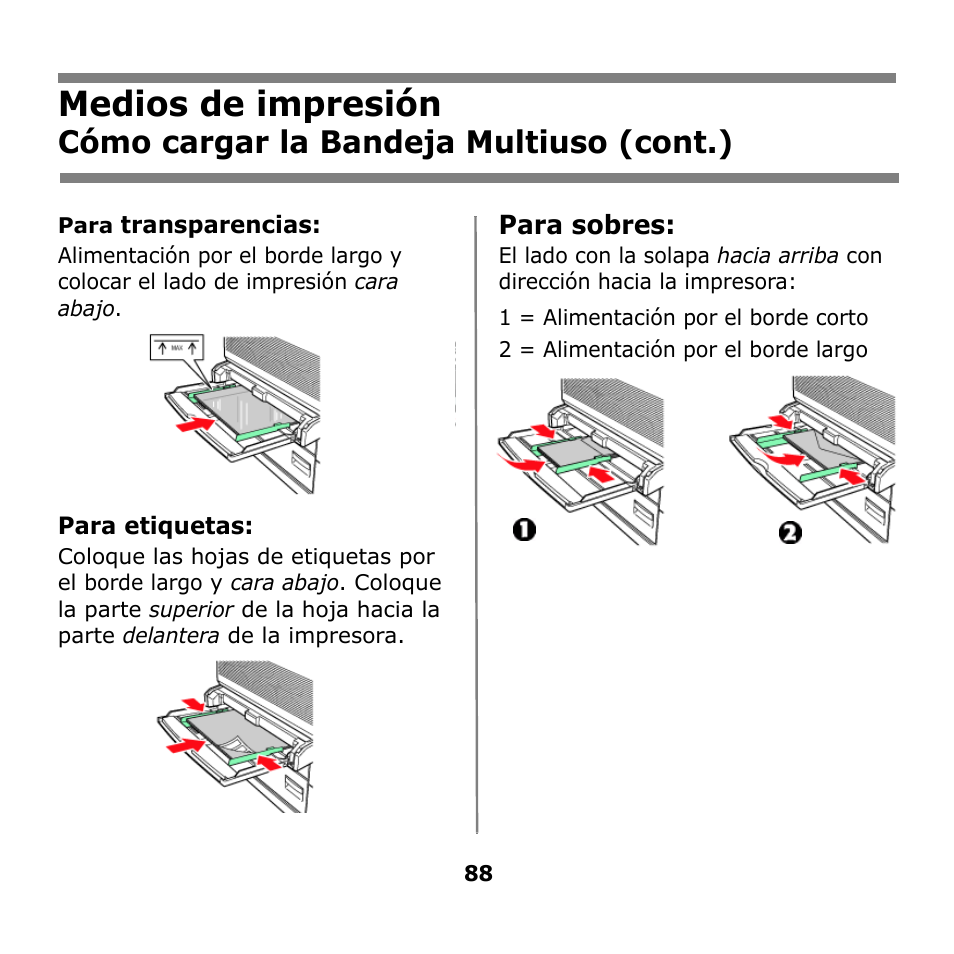 Medios de impresión, Cómo cargar la bandeja multiuso (cont.) | Oki B930n User Manual | Page 88 / 155
