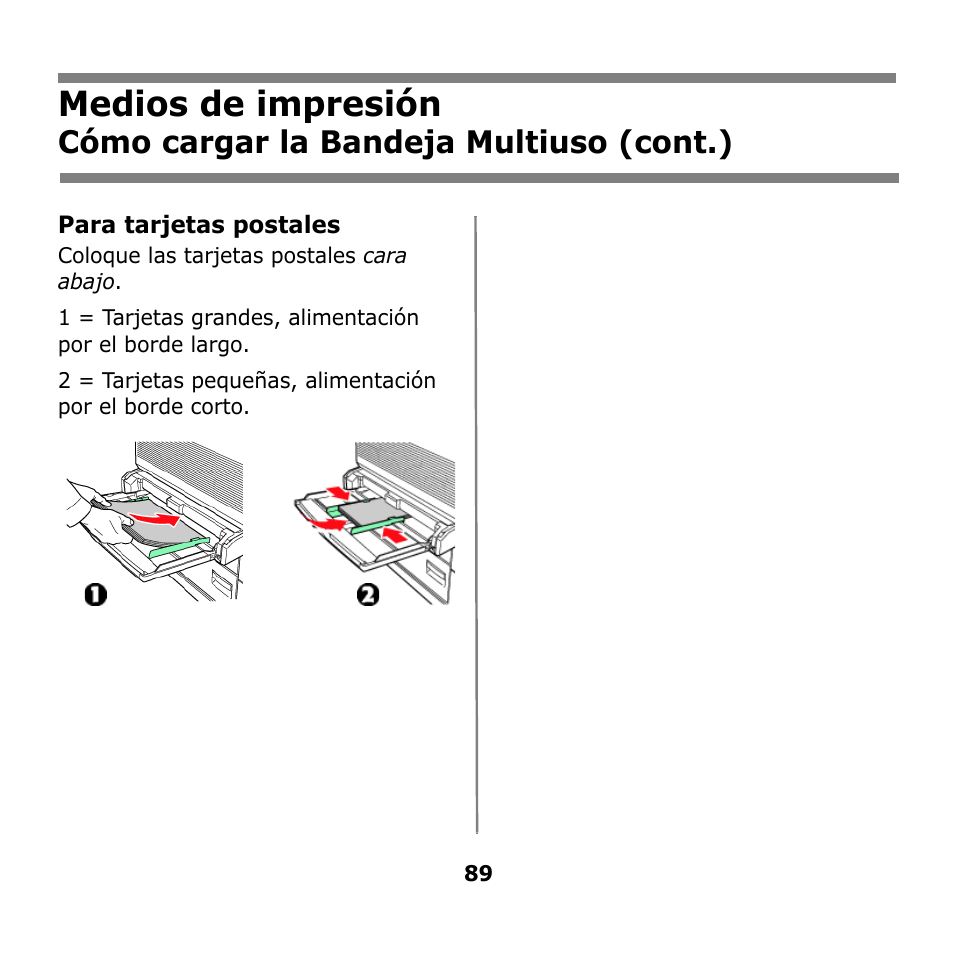 Medios de impresión, Cómo cargar la bandeja multiuso (cont.) | Oki B930n User Manual | Page 89 / 155