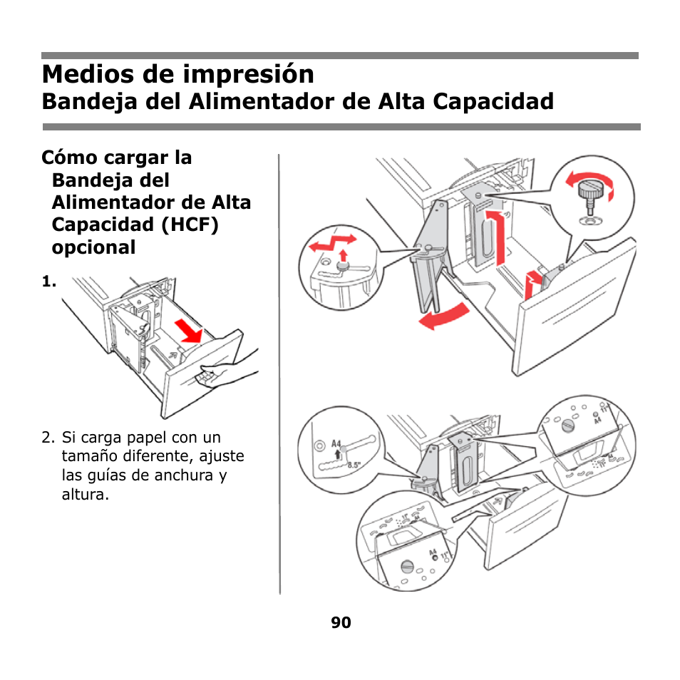 Bandeja del alimentador de alta capacidad, Bandeja del alimentador de, Alta capacidad | Medios de impresión | Oki B930n User Manual | Page 90 / 155