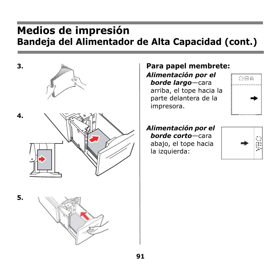 Medios de impresión, Bandeja del alimentador de alta capacidad (cont.) | Oki B930n User Manual | Page 91 / 155