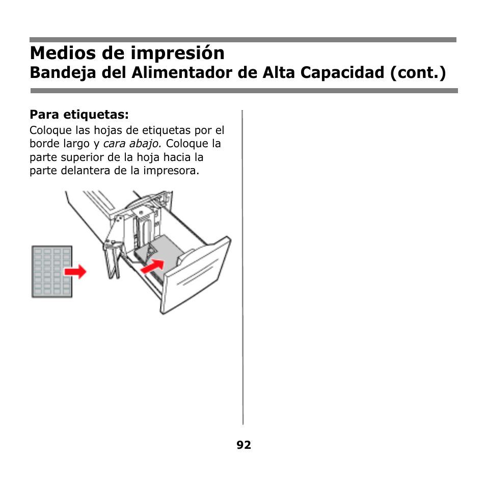 Medios de impresión, Bandeja del alimentador de alta capacidad (cont.) | Oki B930n User Manual | Page 92 / 155
