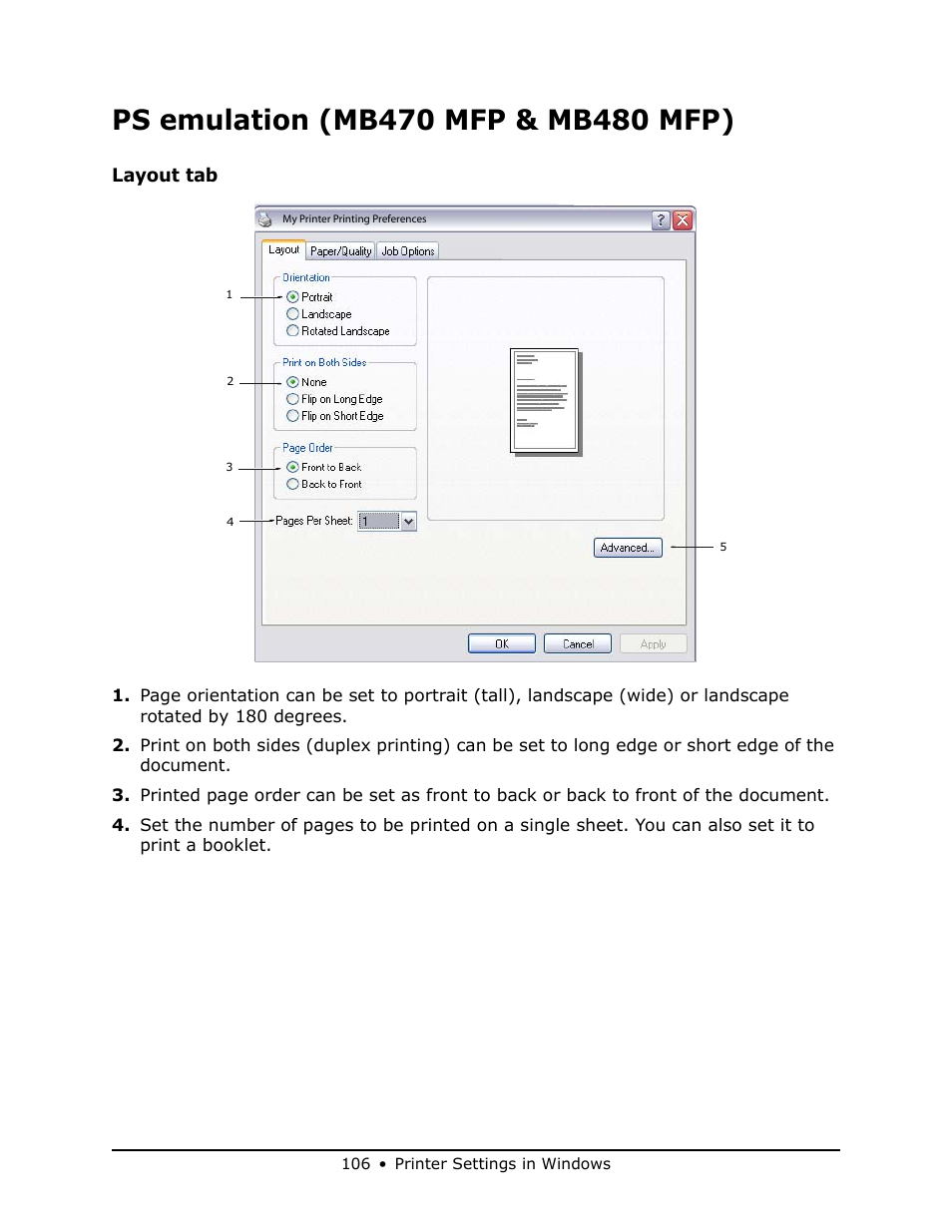 Ps emulation (mb470 mfp & mb480 mfp) | Oki MB 460 User Manual | Page 106 / 179