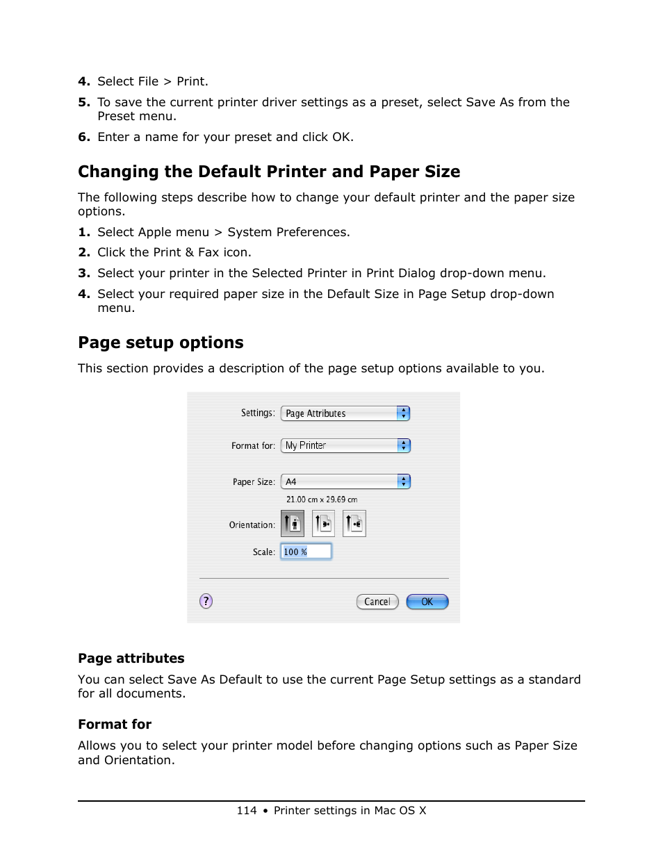 Changing the default printer and paper size, Changing the default printer and paper size. 114, Page setup options | Oki MB 460 User Manual | Page 114 / 179