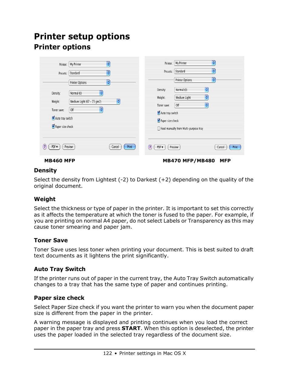 Printer setup options, Printer options | Oki MB 460 User Manual | Page 122 / 179