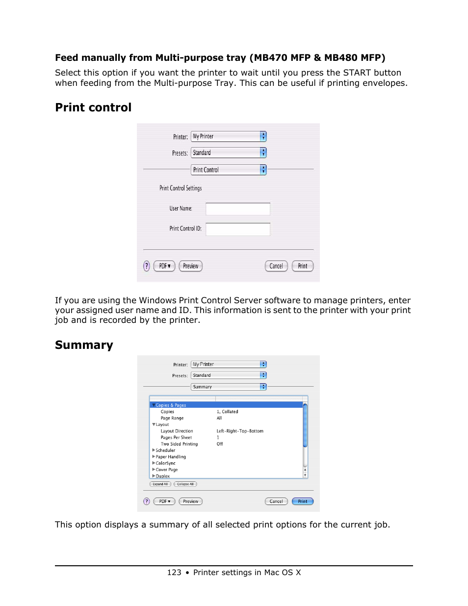 Print control, Summary | Oki MB 460 User Manual | Page 123 / 179
