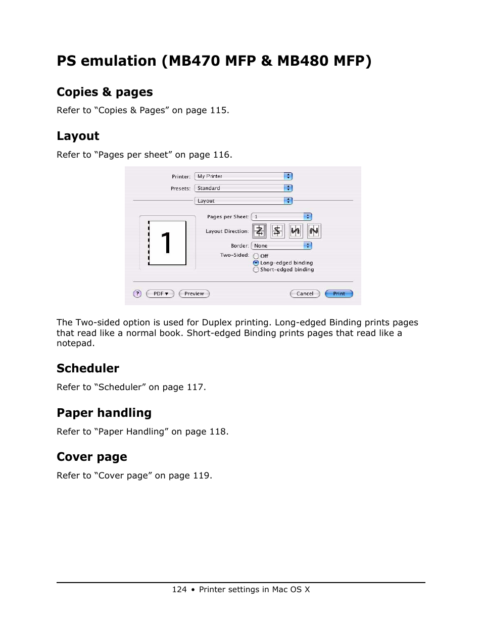 Ps emulation (mb470 mfp & mb480 mfp), Layout, Scheduler | Paper handling | Oki MB 460 User Manual | Page 124 / 179