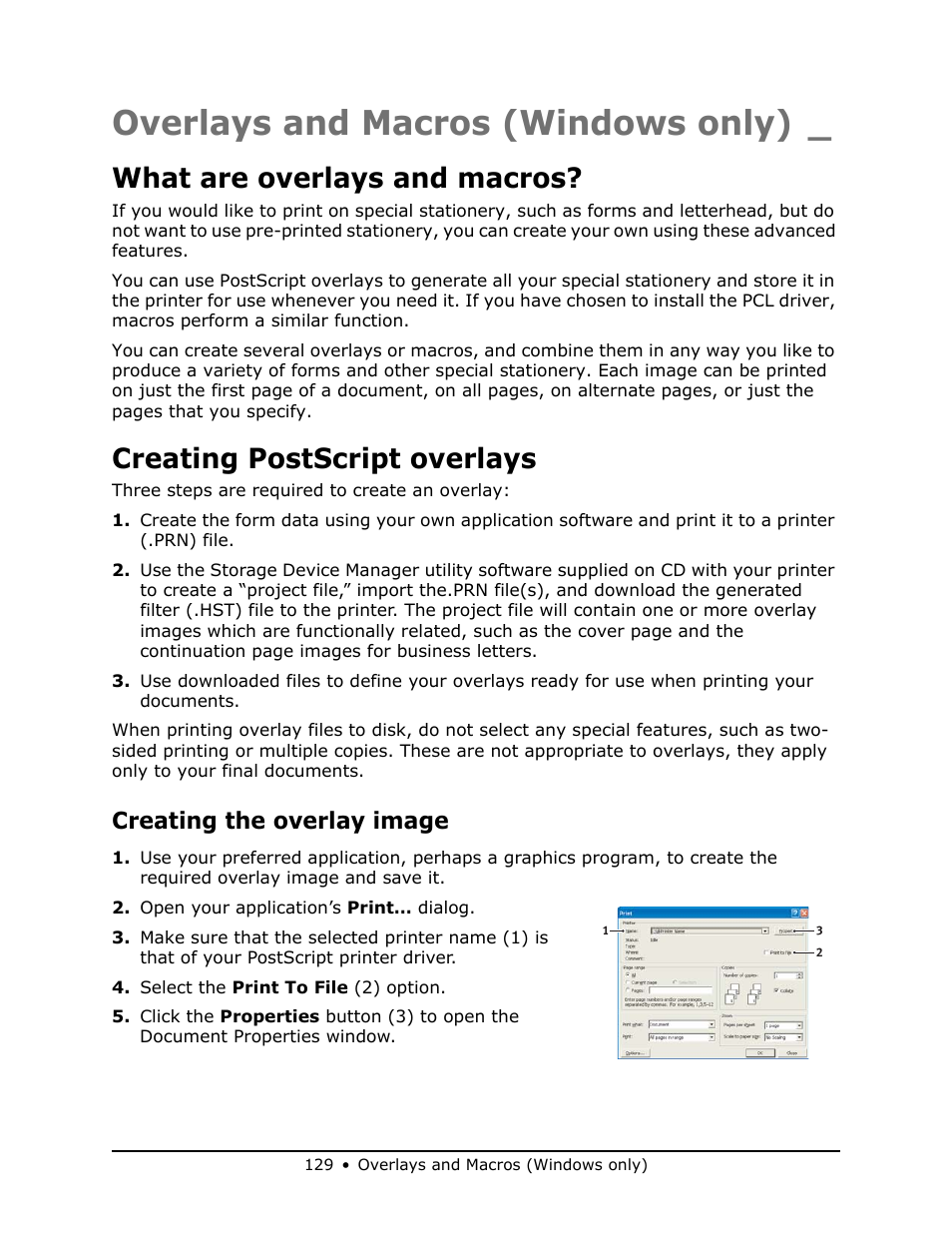 Overlays and macros (windows only), What are overlays and macros, Creating postscript overlays | Creating the overlay image | Oki MB 460 User Manual | Page 129 / 179