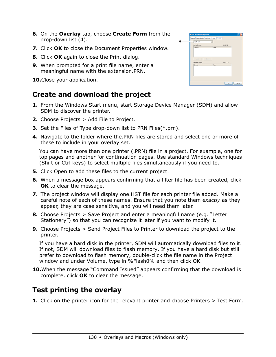 Create and download the project, Test printing the overlay | Oki MB 460 User Manual | Page 130 / 179