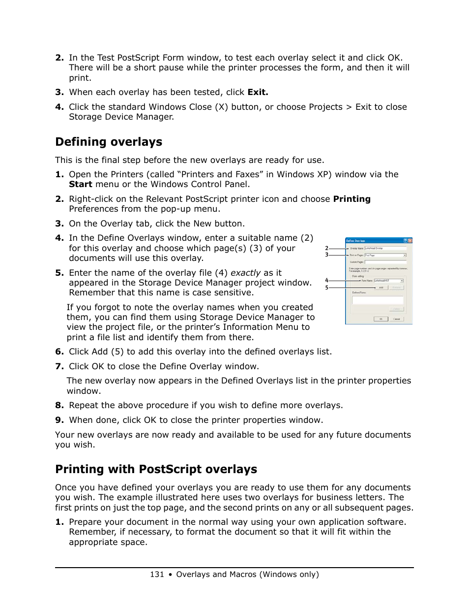 Defining overlays, Printing with postscript overlays | Oki MB 460 User Manual | Page 131 / 179