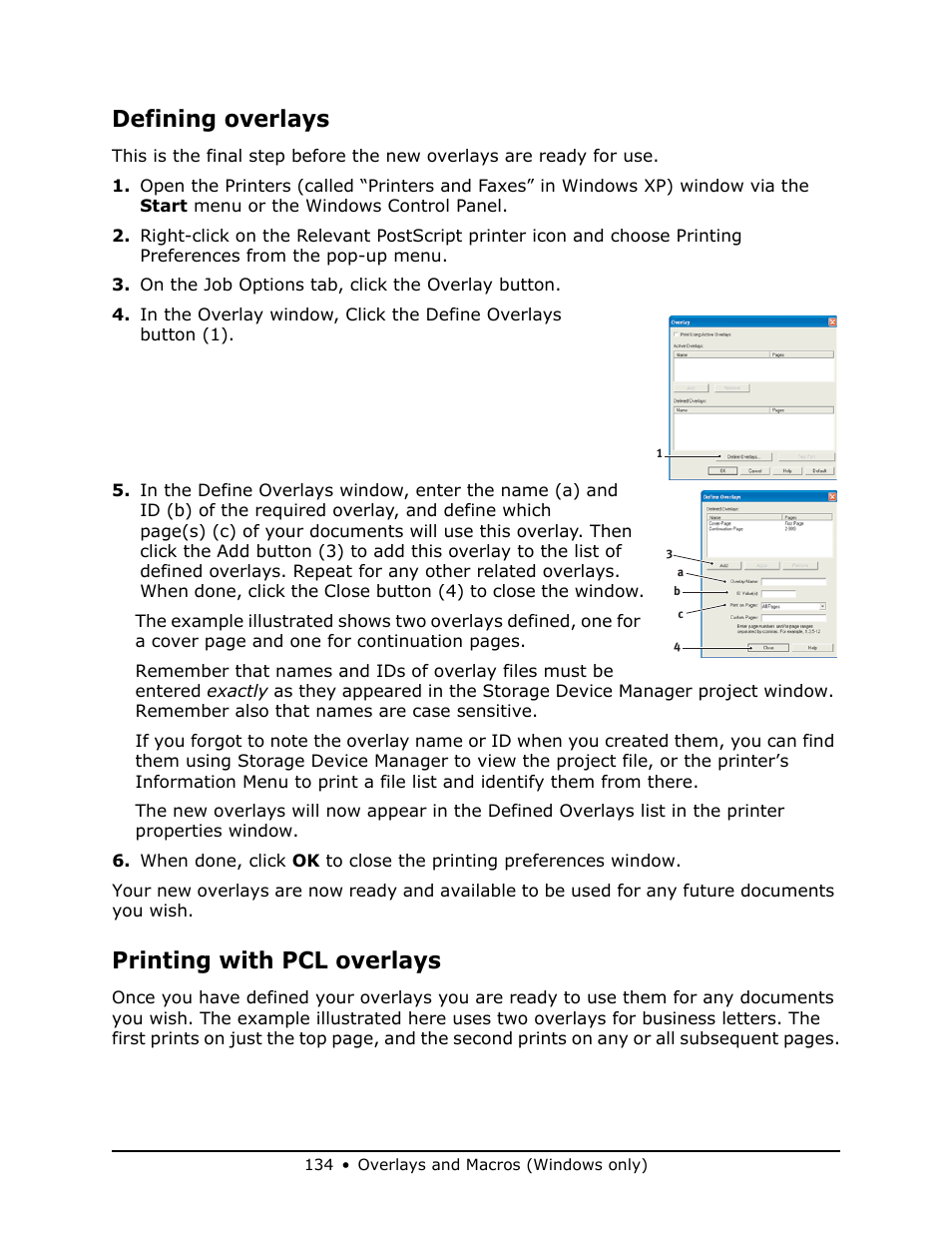 Defining overlays, Printing with pcl overlays | Oki MB 460 User Manual | Page 134 / 179